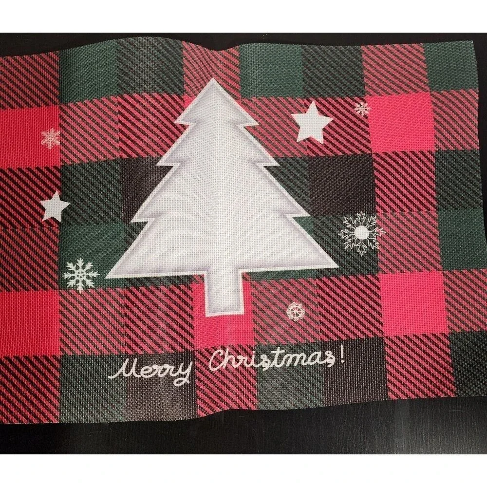 Christmas Buffalo‎ Plaid Placemats Set of 4 Red Green Reindeer Gingerbread Tree